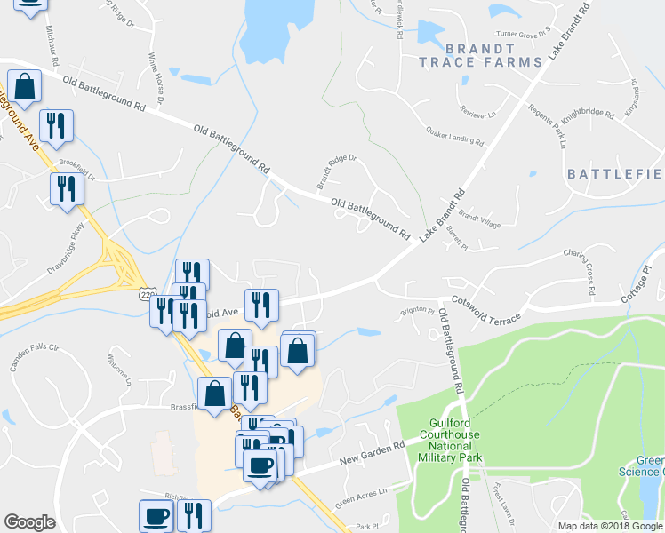 map of restaurants, bars, coffee shops, grocery stores, and more near 3696 Cotswold Avenue in Greensboro