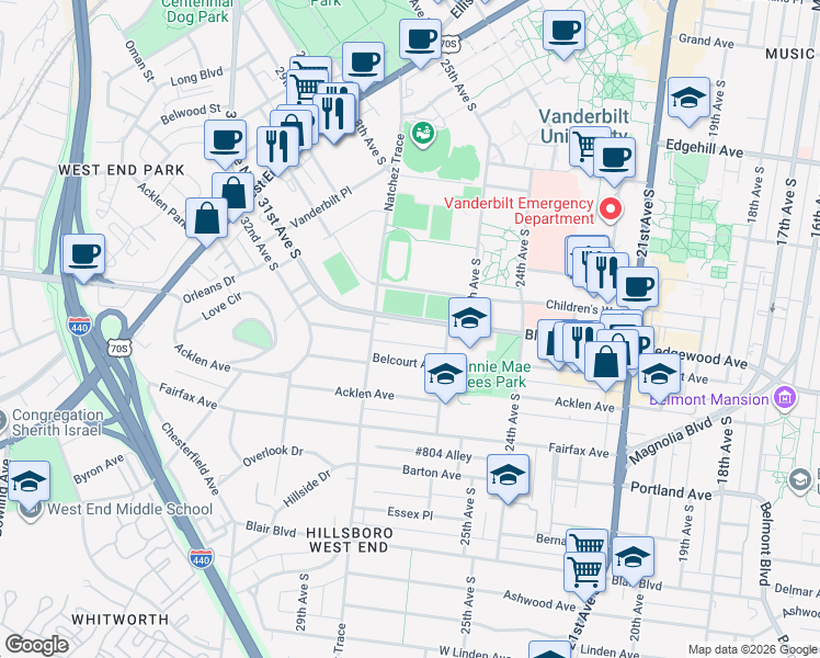 map of restaurants, bars, coffee shops, grocery stores, and more near 2641 Blakemore Avenue in Nashville