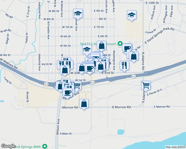 map of restaurants, bars, coffee shops, grocery stores, and more near 205 North Main Street in Sand Springs