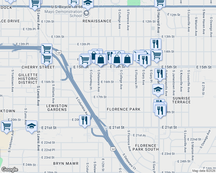 map of restaurants, bars, coffee shops, grocery stores, and more near 1615 South Delaware Place in Tulsa