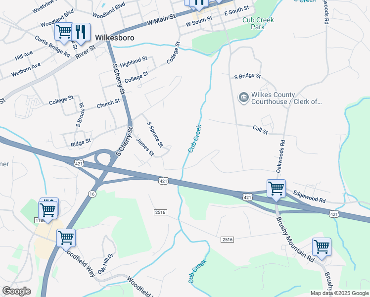 map of restaurants, bars, coffee shops, grocery stores, and more near Joines Street in Wilkesboro