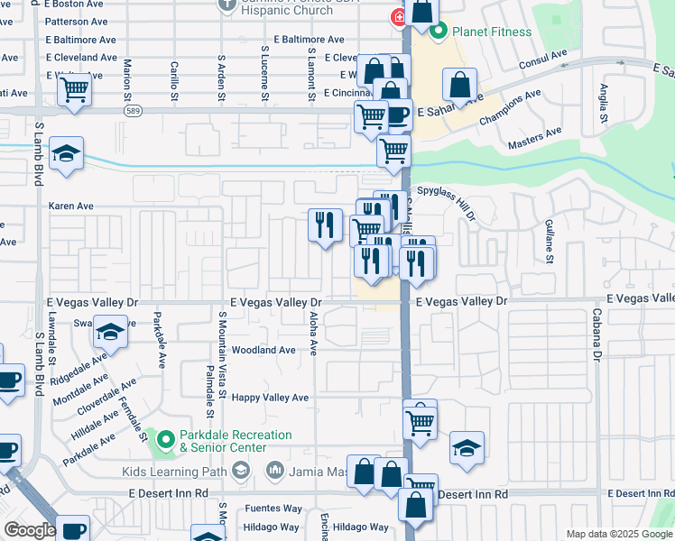 map of restaurants, bars, coffee shops, grocery stores, and more near 2725 South Nellis Boulevard in Las Vegas