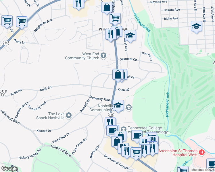 map of restaurants, bars, coffee shops, grocery stores, and more near 5612 Knob Road in Nashville
