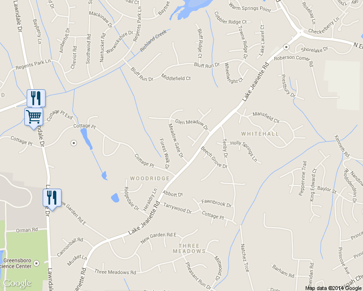 map of restaurants, bars, coffee shops, grocery stores, and more near 2310 Meadow Gate Drive in Greensboro