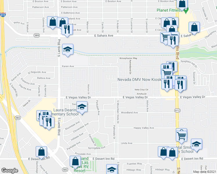 map of restaurants, bars, coffee shops, grocery stores, and more near 2835 Wheelwright Drive in Las Vegas