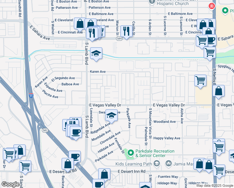 map of restaurants, bars, coffee shops, grocery stores, and more near 4470 East Vegas Valley Drive in Las Vegas