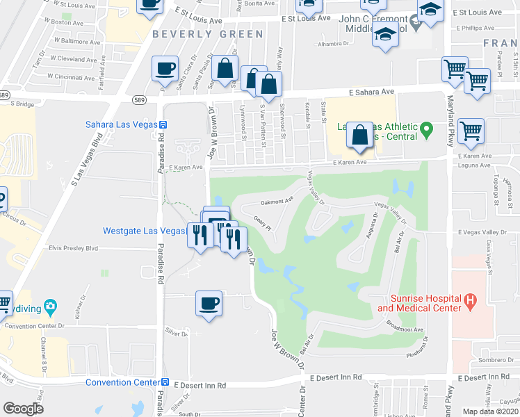 map of restaurants, bars, coffee shops, grocery stores, and more near 639 Oakmont Avenue in Las Vegas