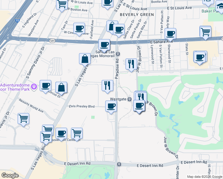 map of restaurants, bars, coffee shops, grocery stores, and more near 2777 Paradise Road in Las Vegas