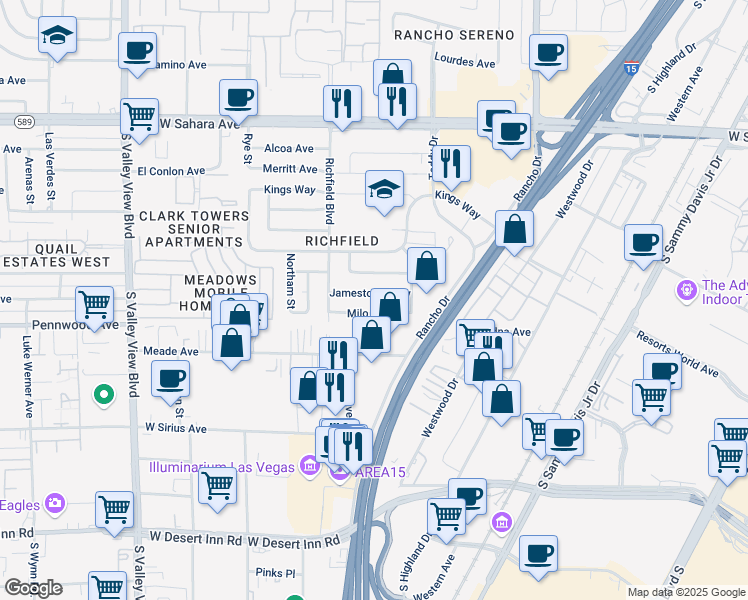 map of restaurants, bars, coffee shops, grocery stores, and more near 2836 Milo Way in Las Vegas