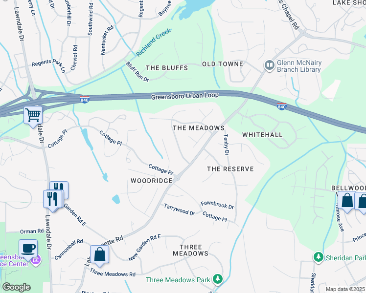 map of restaurants, bars, coffee shops, grocery stores, and more near 2310 Meadow Gate Drive in Greensboro