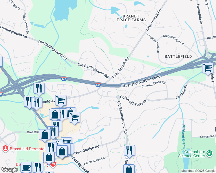 map of restaurants, bars, coffee shops, grocery stores, and more near 3706 Cotswold Terrace in Greensboro