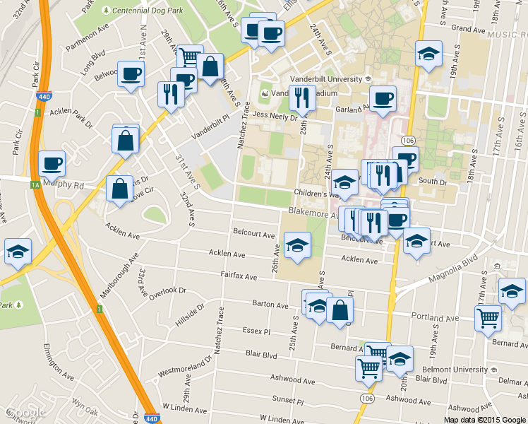 map of restaurants, bars, coffee shops, grocery stores, and more near 2641 Blakemore Avenue in Nashville