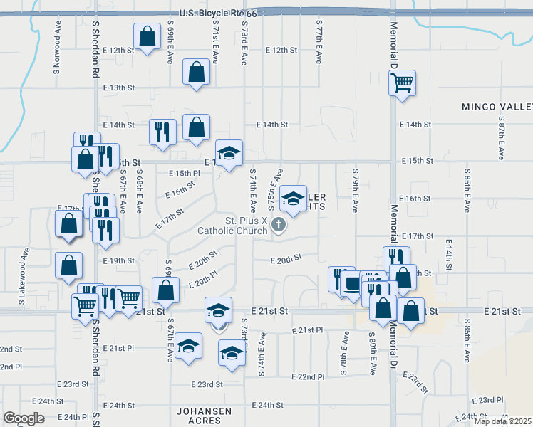 map of restaurants, bars, coffee shops, grocery stores, and more near 1727 South 74th East Avenue in Tulsa