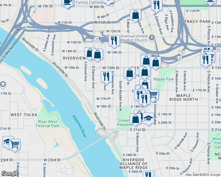 map of restaurants, bars, coffee shops, grocery stores, and more near 1645 South Cheyenne Avenue in Tulsa