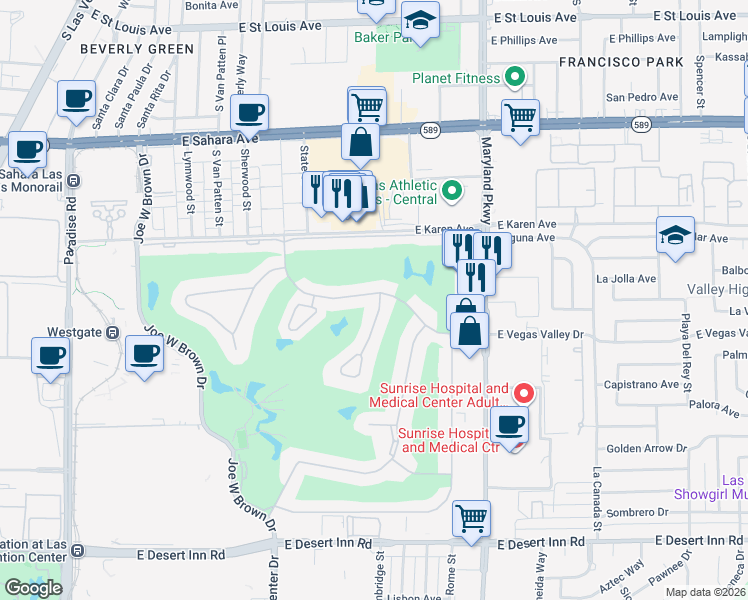 map of restaurants, bars, coffee shops, grocery stores, and more near 955 Vegas Valley Drive in Las Vegas