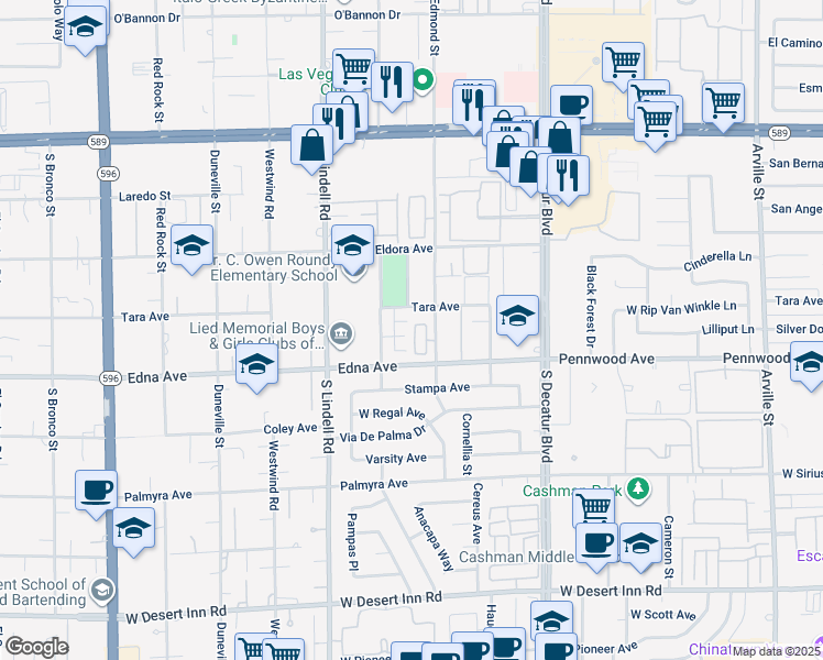 map of restaurants, bars, coffee shops, grocery stores, and more near 5238 Monterey Park Circle in Las Vegas