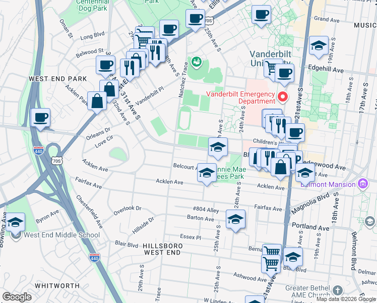 map of restaurants, bars, coffee shops, grocery stores, and more near 2641 Blakemore Avenue in Nashville