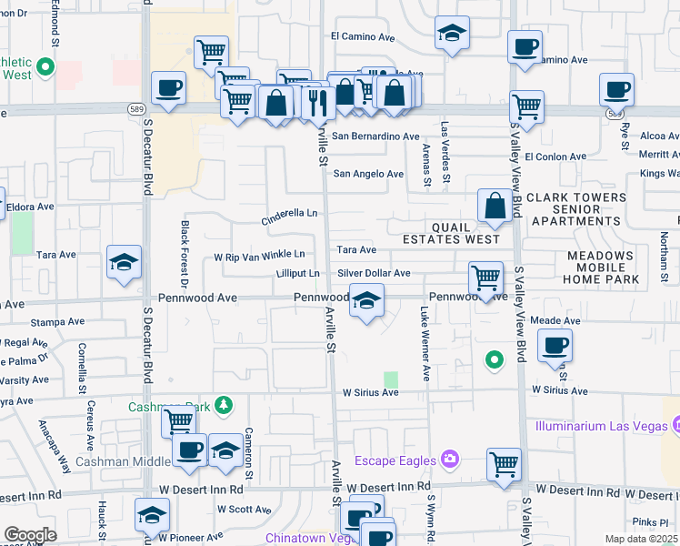 map of restaurants, bars, coffee shops, grocery stores, and more near 4337 Silver Dollar Avenue in Las Vegas