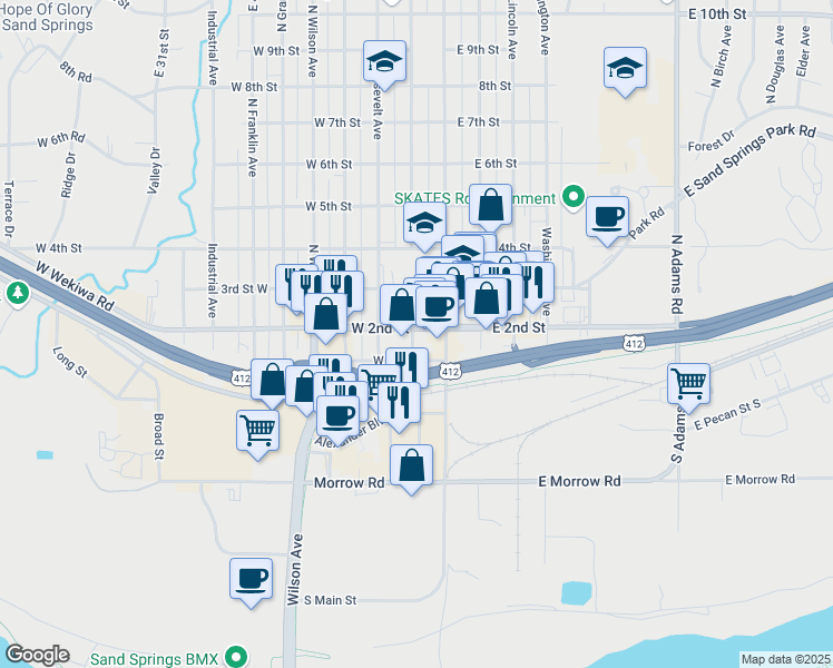 map of restaurants, bars, coffee shops, grocery stores, and more near 113 North Garfield Avenue in Sand Springs
