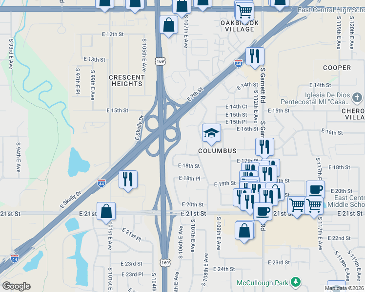 map of restaurants, bars, coffee shops, grocery stores, and more near 1627 South 107th East Avenue in Tulsa