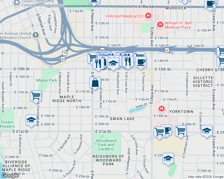 map of restaurants, bars, coffee shops, grocery stores, and more near 1701 South Quincy Avenue in Tulsa
