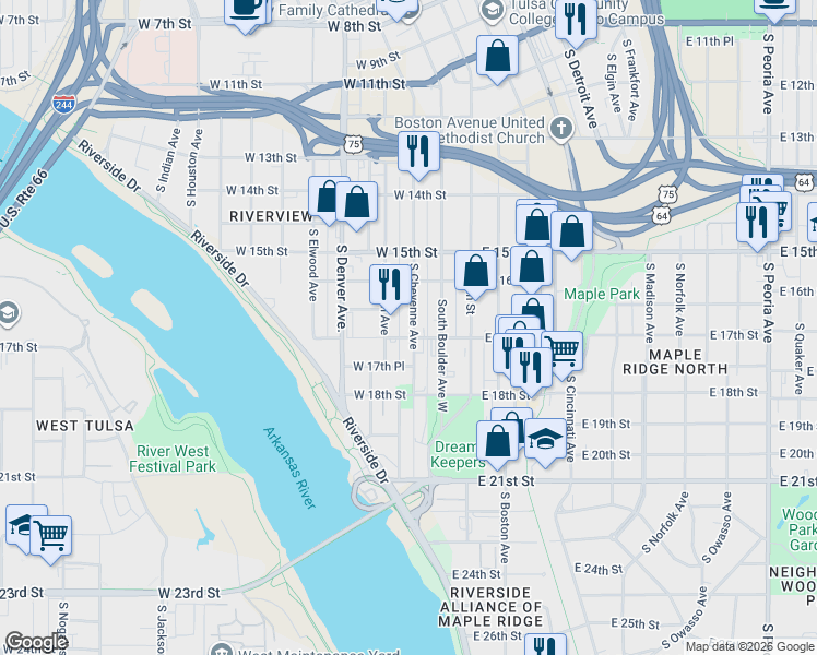 map of restaurants, bars, coffee shops, grocery stores, and more near 1645 South Cheyenne Avenue in Tulsa