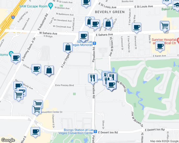 map of restaurants, bars, coffee shops, grocery stores, and more near 2777 Paradise Road in Las Vegas