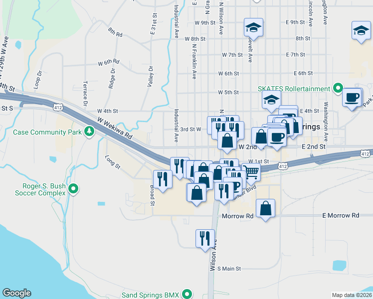 map of restaurants, bars, coffee shops, grocery stores, and more near 604 West 2nd Street in Sand Springs