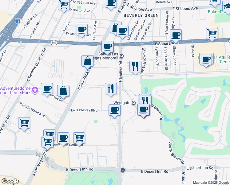 map of restaurants, bars, coffee shops, grocery stores, and more near 2777 Paradise Road in Las Vegas
