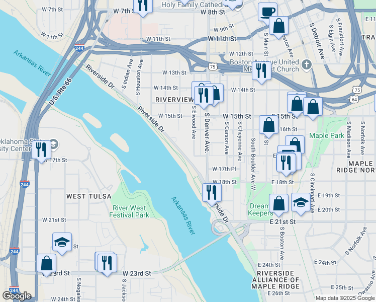 map of restaurants, bars, coffee shops, grocery stores, and more near 1700 Riverside Drive in Tulsa