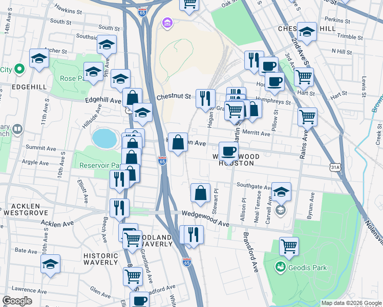 map of restaurants, bars, coffee shops, grocery stores, and more near 715 Hagan Street in Nashville