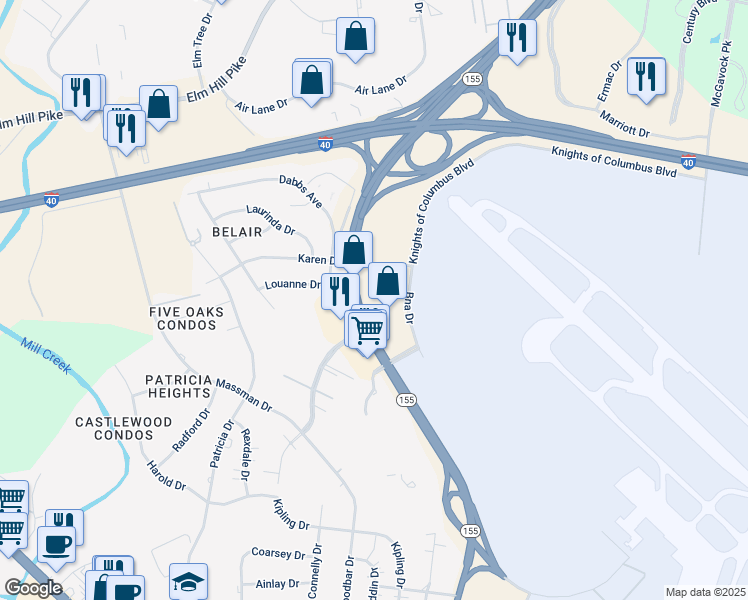 map of restaurants, bars, coffee shops, grocery stores, and more near 404 Bna Drive in Nashville