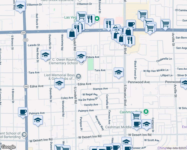 map of restaurants, bars, coffee shops, grocery stores, and more near 5310 Taravilla Circle in Las Vegas
