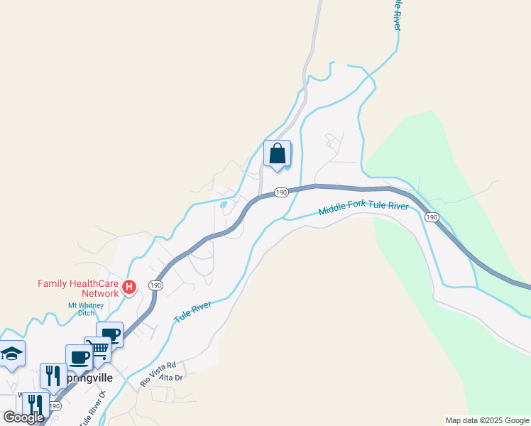 map of restaurants, bars, coffee shops, grocery stores, and more near 36325 Highway 190 in Springville
