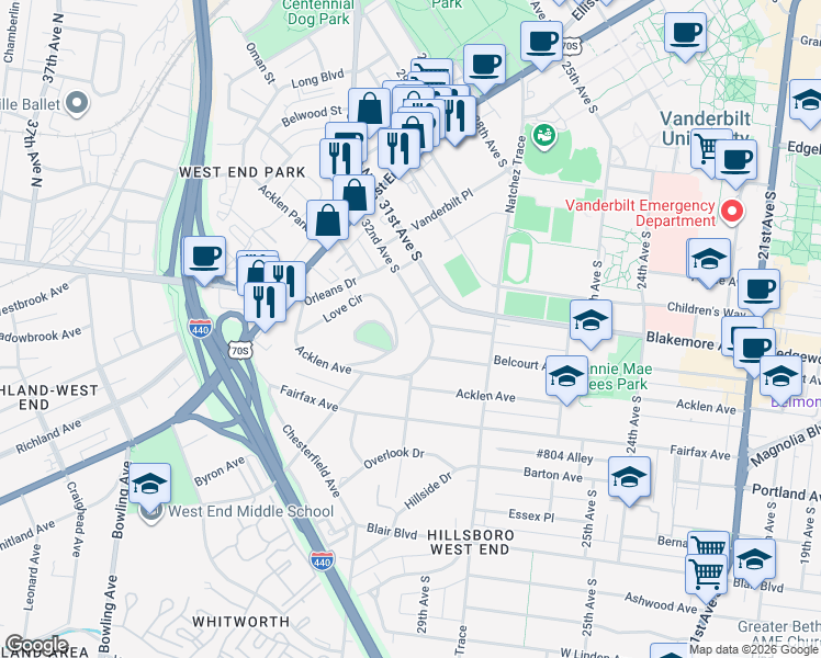 map of restaurants, bars, coffee shops, grocery stores, and more near 3205 Marlborough Avenue in Nashville