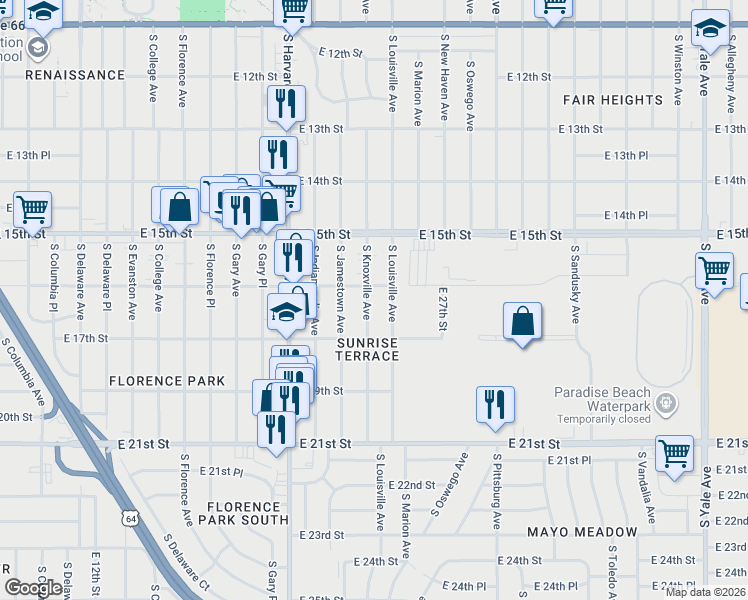 map of restaurants, bars, coffee shops, grocery stores, and more near 1611 South Knoxville Avenue in Tulsa