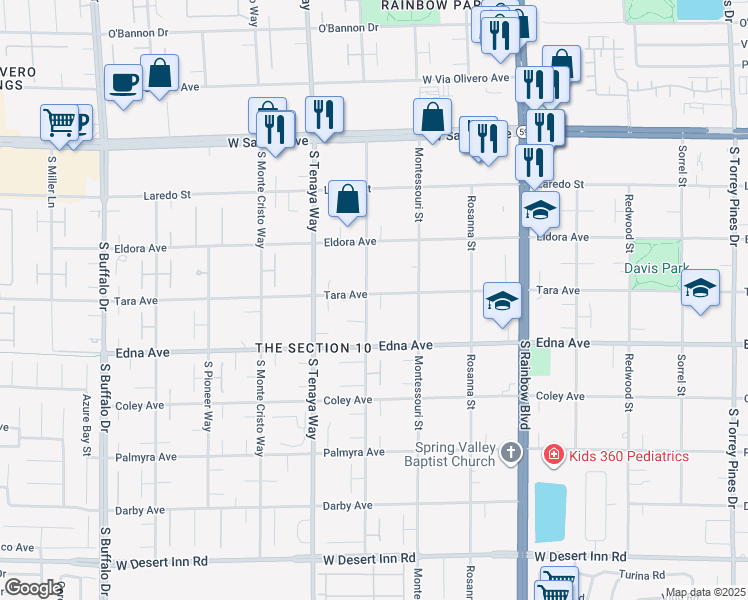 map of restaurants, bars, coffee shops, grocery stores, and more near 7195 Tara Avenue in Las Vegas