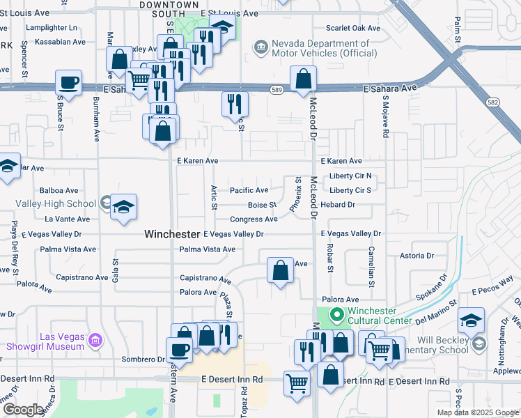 map of restaurants, bars, coffee shops, grocery stores, and more near 2799 Boise Street in Las Vegas