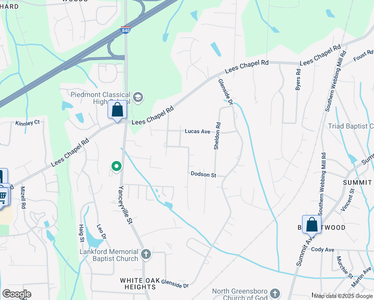 map of restaurants, bars, coffee shops, grocery stores, and more near 2109 Parks Street in Greensboro