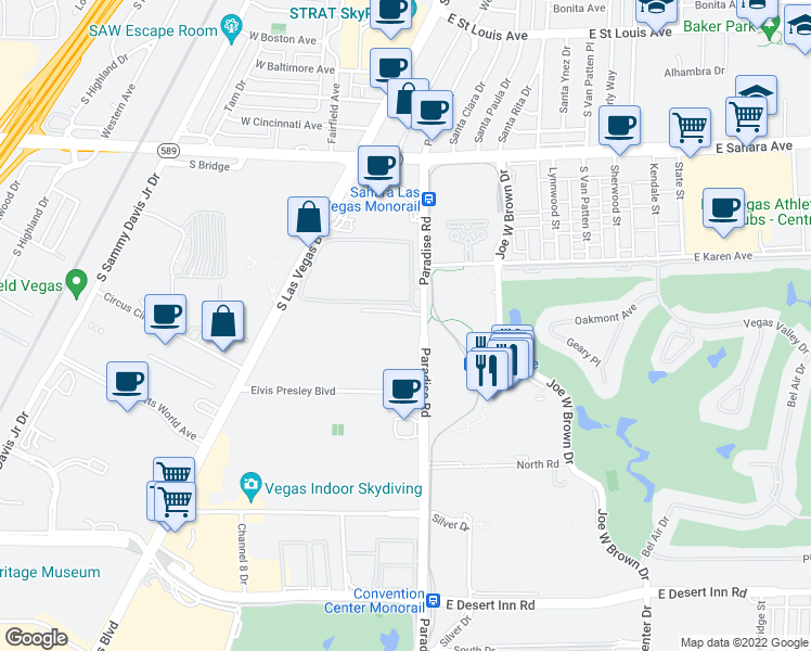 map of restaurants, bars, coffee shops, grocery stores, and more near 2777 Paradise Road in Las Vegas
