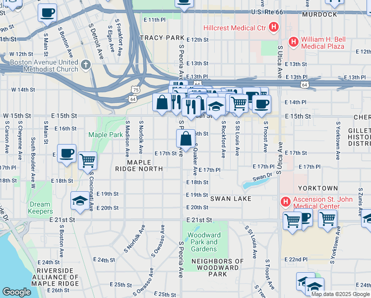 map of restaurants, bars, coffee shops, grocery stores, and more near in Tulsa