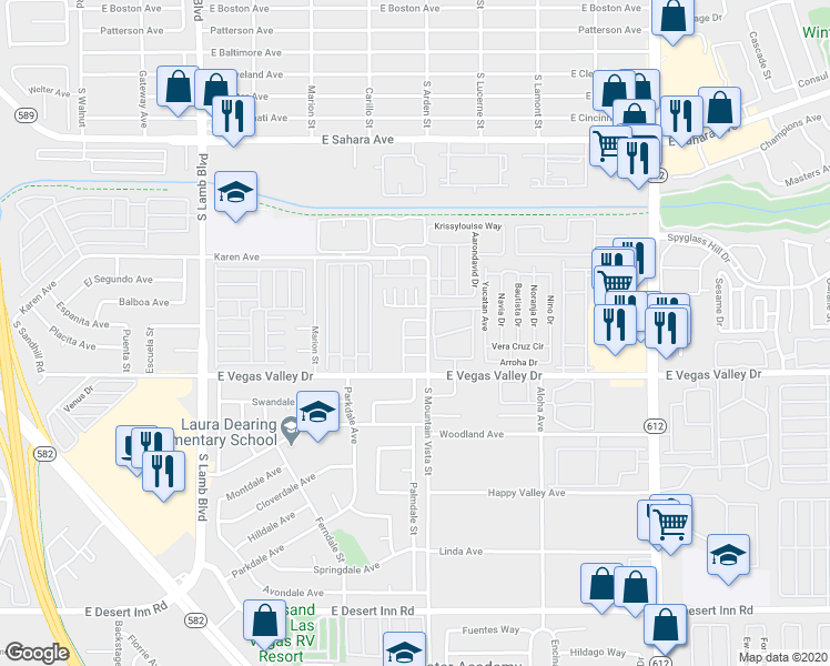 map of restaurants, bars, coffee shops, grocery stores, and more near 4570 Carriage Park Drive in Las Vegas