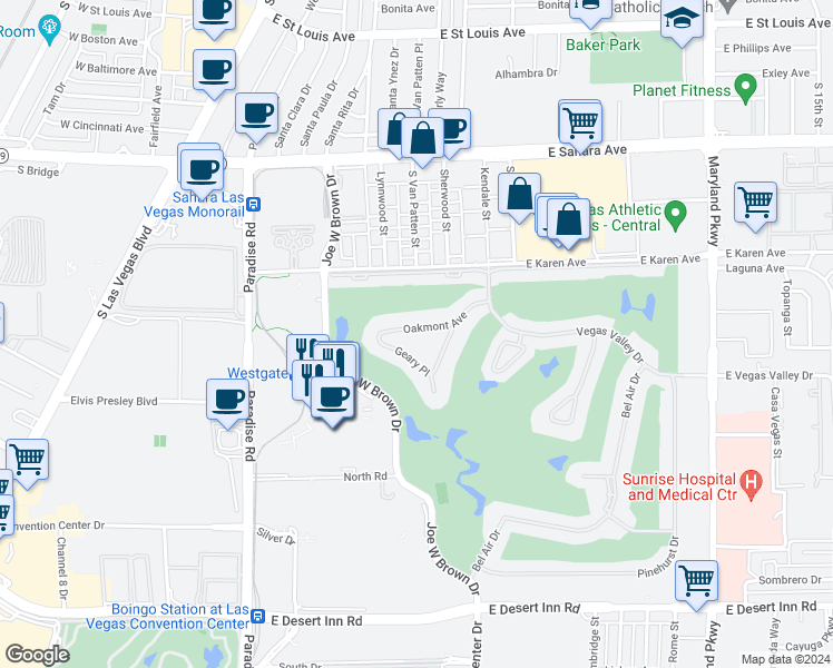 map of restaurants, bars, coffee shops, grocery stores, and more near 683 Oakmont Avenue in Las Vegas