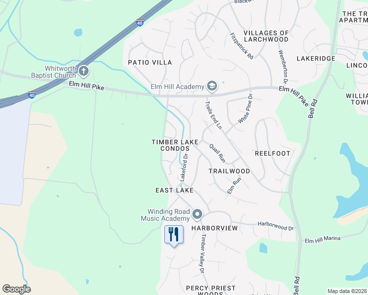 map of restaurants, bars, coffee shops, grocery stores, and more near 3203 East Lake Drive in Nashville