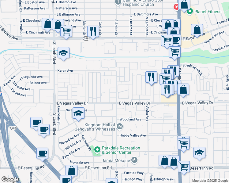 map of restaurants, bars, coffee shops, grocery stores, and more near 107 South Mountain Vista Street in Las Vegas