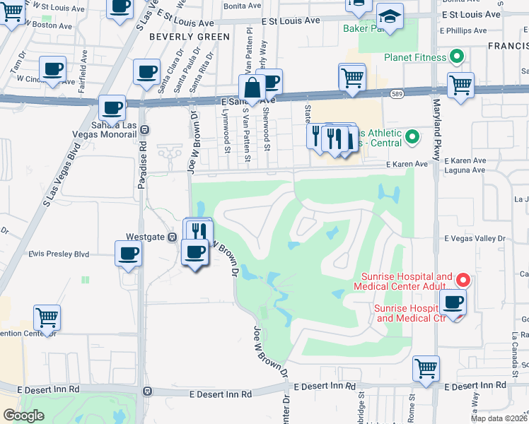 map of restaurants, bars, coffee shops, grocery stores, and more near 2845 Loveland Drive in Las Vegas