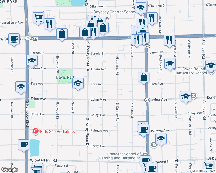 map of restaurants, bars, coffee shops, grocery stores, and more near 2840 Mann Street in Las Vegas