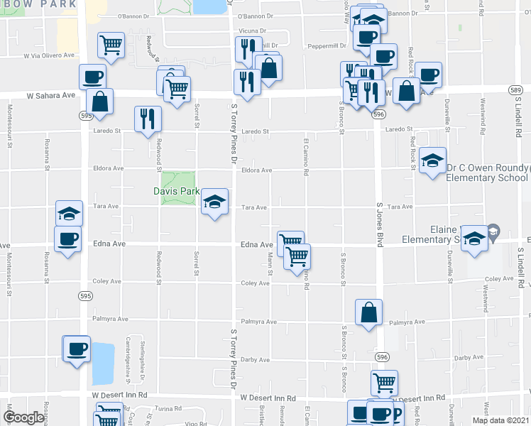 map of restaurants, bars, coffee shops, grocery stores, and more near 2840 Mann Street in Las Vegas