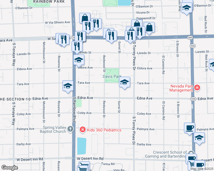 map of restaurants, bars, coffee shops, grocery stores, and more near 2868 Redwood Street in Las Vegas