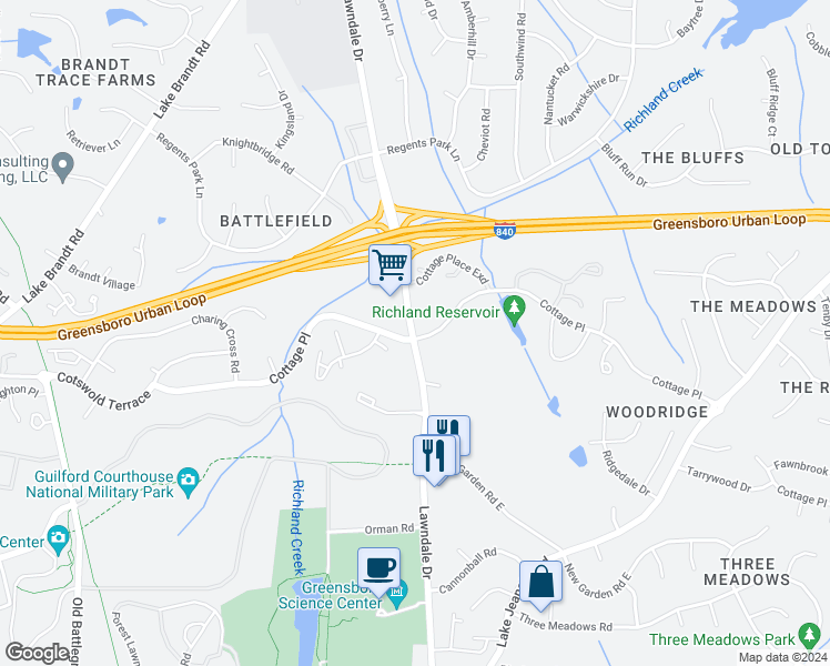 map of restaurants, bars, coffee shops, grocery stores, and more near in Greensboro